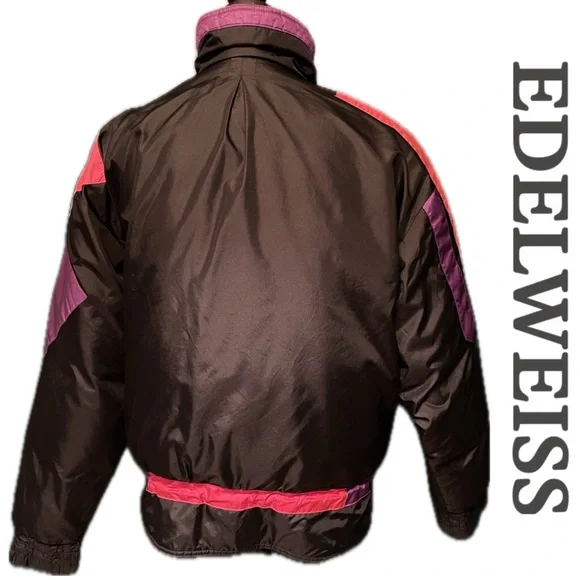 VINTAGE 80s 90s Edelweiss Skiwear Puffer Ski Jacket Snow Parka Black Pink Purple